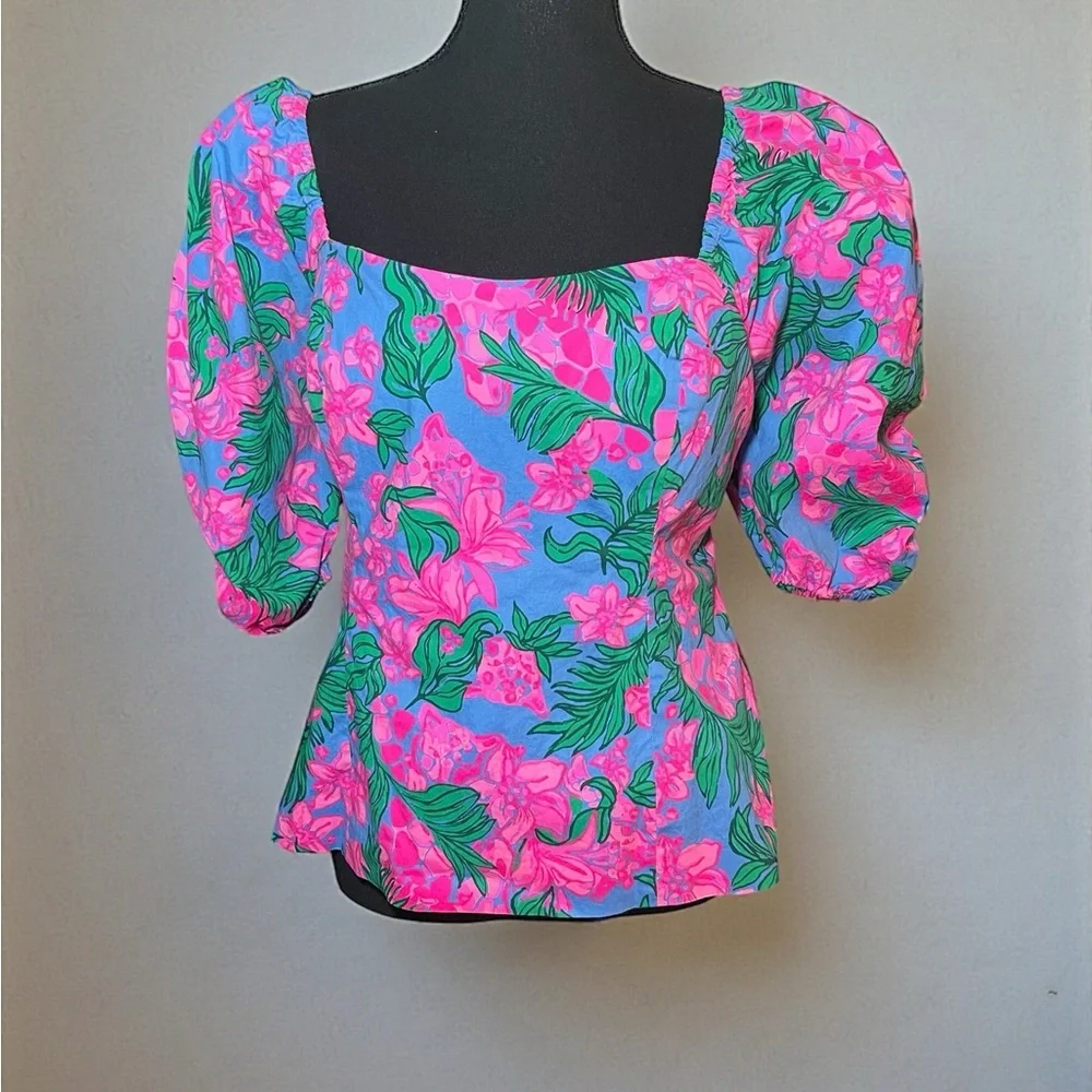 Lilly Pulitzer Pink & Green Floral Puff-Sleeve Square-Neck Blouse